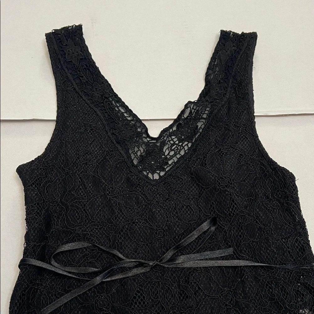 Y2K FREE PEOPLE VINTAGE LACE SILK WHIMSYGOTH BOHO FLOWY MINI DRESS BLACK SIZE 2